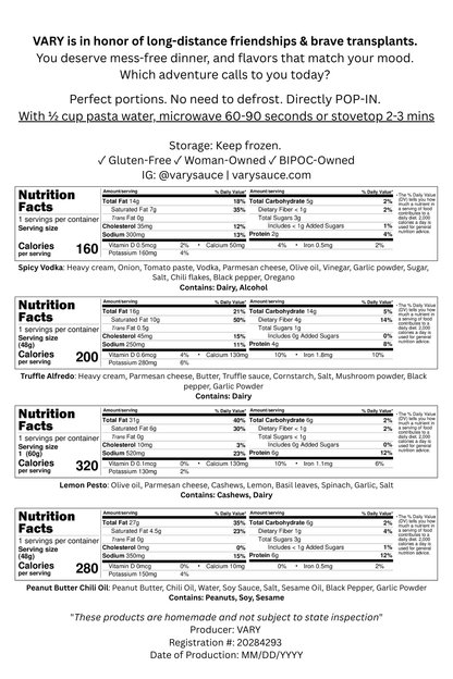 VARY sauce nutrition label
