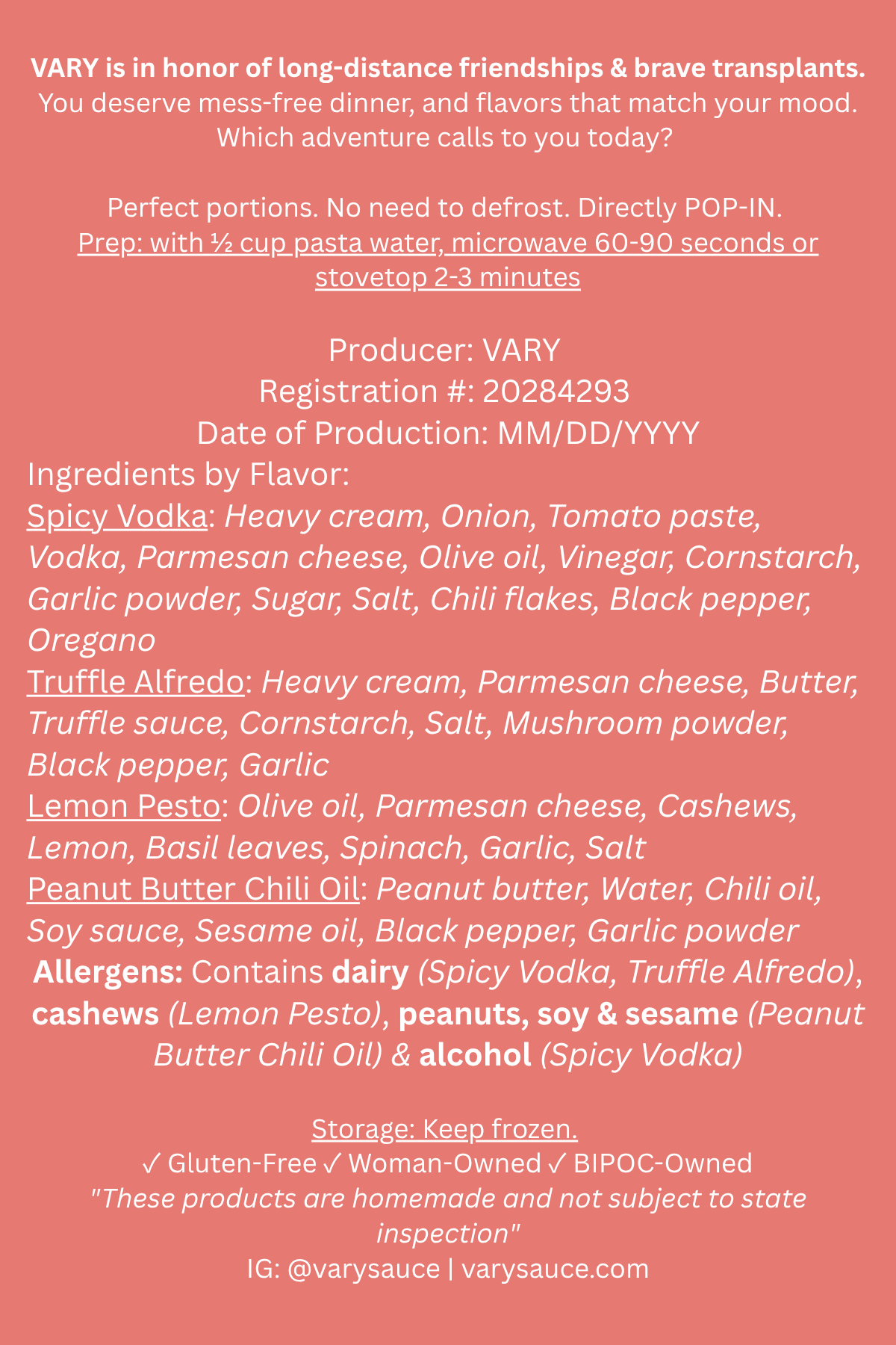 VARY Sauce label listing ingredients and allergens